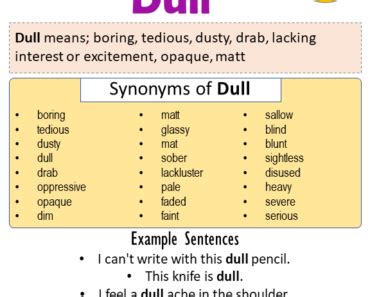 Synonym for dull - Dull look Synonyms. Dull replaced . dark look. dim look. boring look. blunt look. slow look. stupid look. dumb look. drab look. flat look. numb look. muted look. gloomy look. dry look. heavy look. soft look. Definitions for Dull (adjective) lacking sharpness of edge or point (adjective) causing weariness, restlessness, or lack of interest